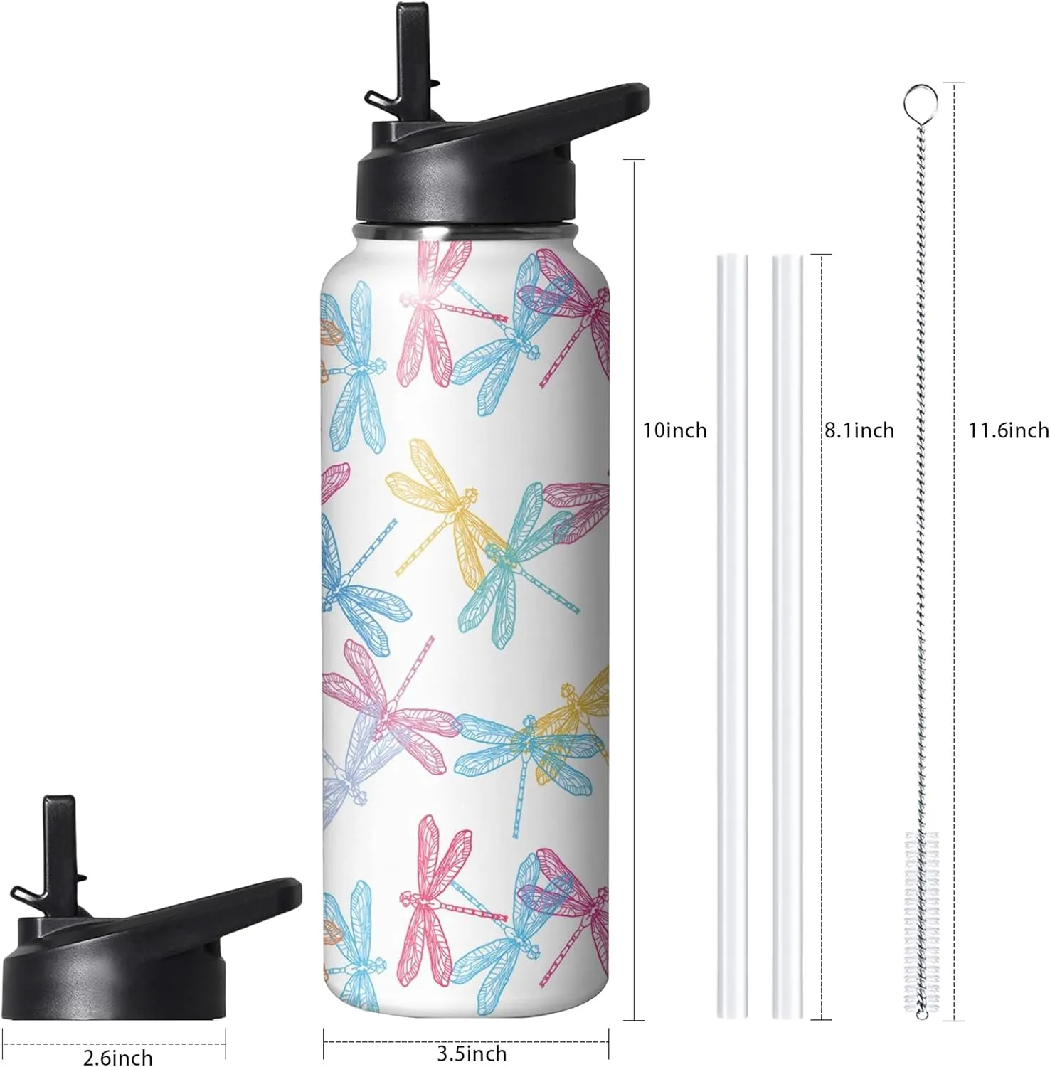 40oz Cute Dragonfly Water Bottle with Handle and Flip Straw, Sports Stainless Steel Insulated Cup, Travel Coffee Mug Tumbler, Birthday Mothers Day Chritmas Gifts for Women Animal Lovers