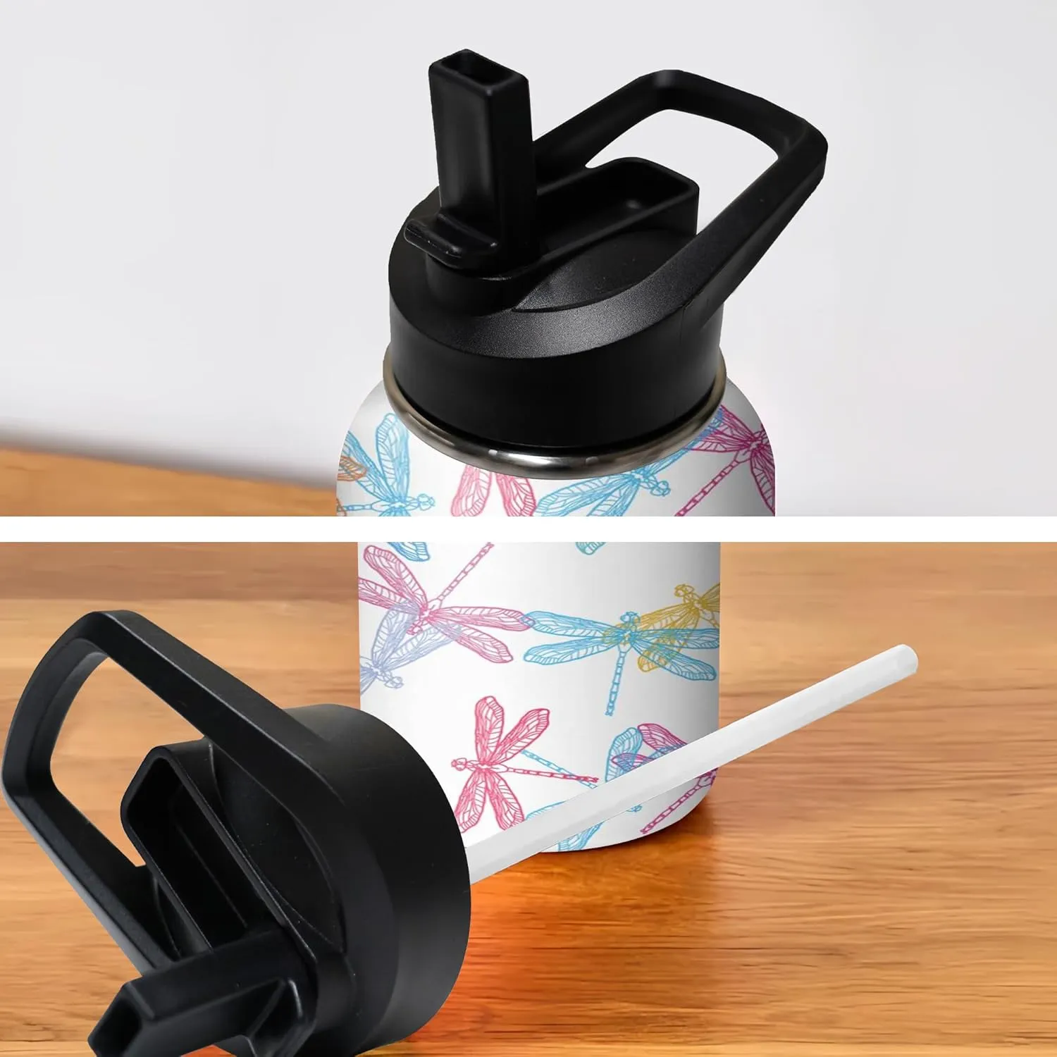 40oz Cute Dragonfly Water Bottle with Handle and Flip Straw, Sports Stainless Steel Insulated Cup, Travel Coffee Mug Tumbler, Birthday Mothers Day Chritmas Gifts for Women Animal Lovers