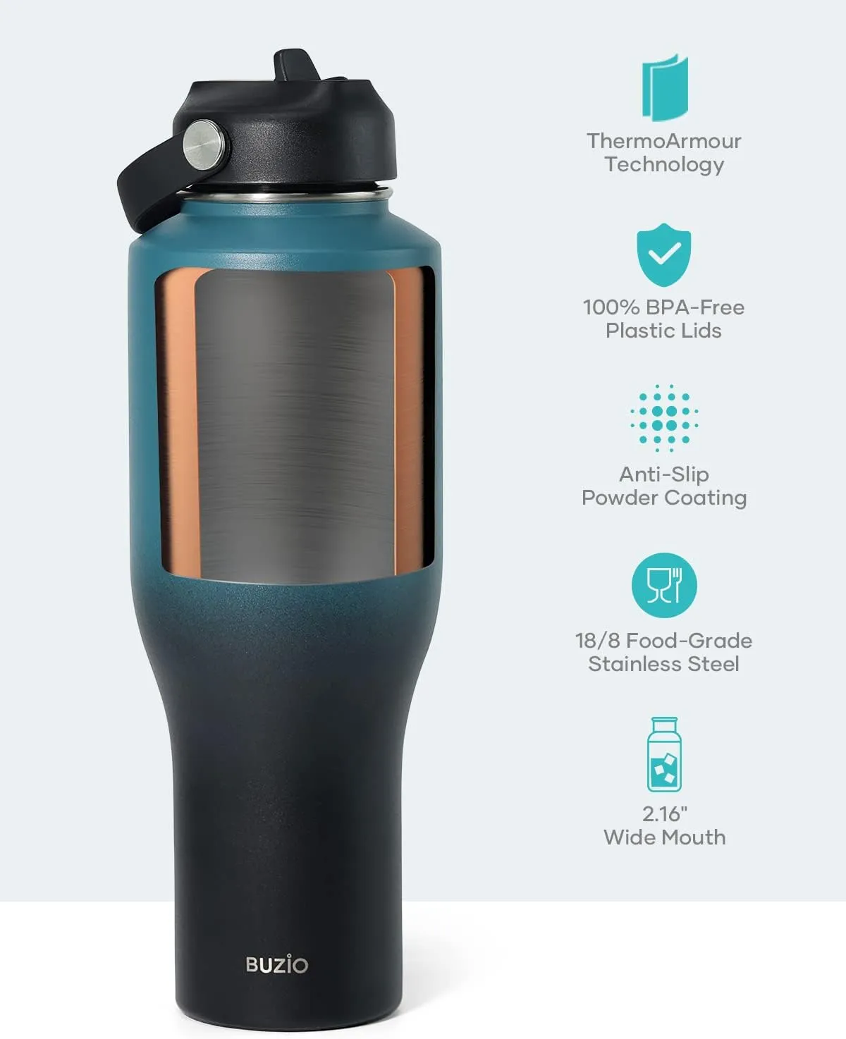 40oz Insulated Water Bottle Fits in Any Car Cup Holders, BUZIO 40oz Vacuum Insulated Tumbler with Lids and Straw for Water, Travel Mug Cupholder Friendly, Leakproof Keep Cold & Hot, Indigo Crush
