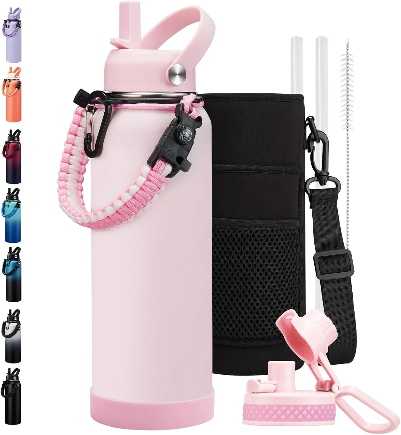 40oz Insulated Water Bottle Metal Water Flask Stainless Steel Keep Cold 48Hrs & Hot 24 Hrs, Pink Water Jug with Strap for Women Sports Gym Workout School Running with Straw & Auto Spout Lid