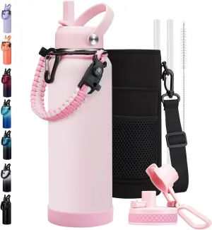 40oz Insulated Water Bottle Metal Water Flask Stainless Steel Keep Cold 48Hrs & Hot 24 Hrs, Pink Water Jug with Strap for Women Sports Gym Workout School Running with Straw & Auto Spout Lid