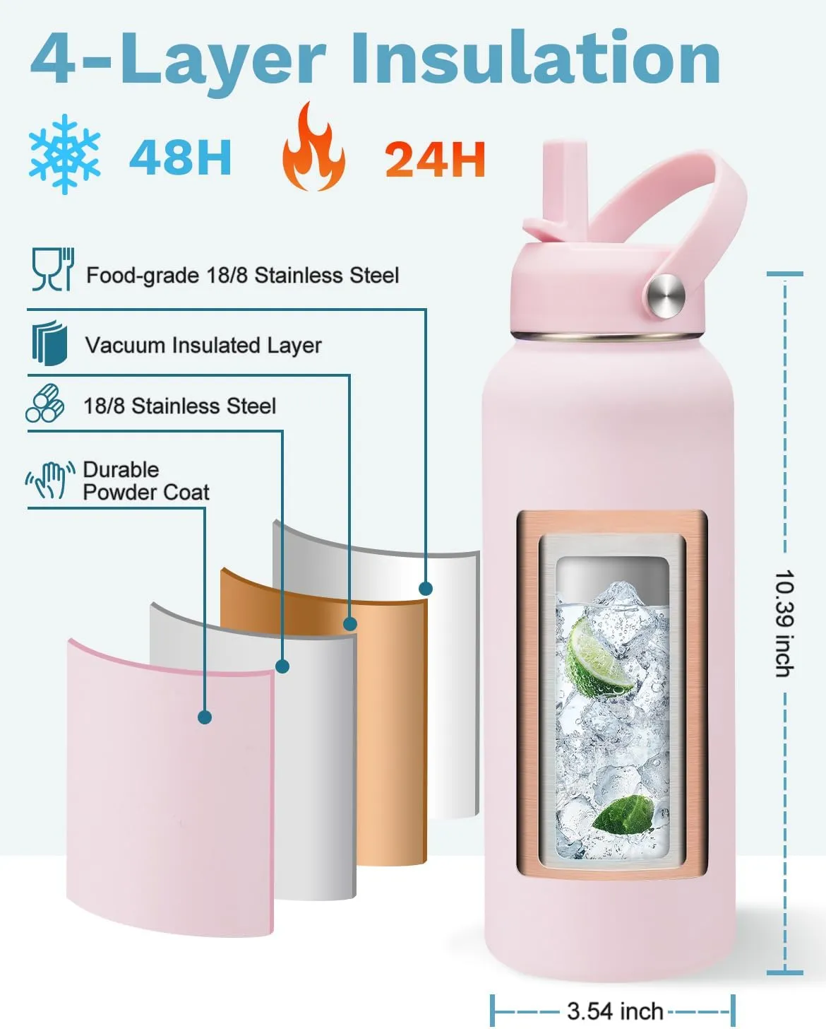 40oz Insulated Water Bottle Metal Water Flask Stainless Steel Keep Cold 48Hrs & Hot 24 Hrs, Pink Water Jug with Strap for Women Sports Gym Workout School Running with Straw & Auto Spout Lid