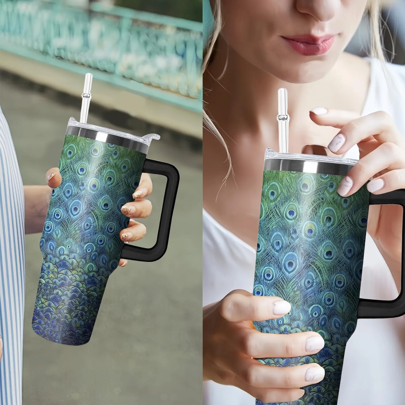 40oz Peacock Tumbler with Handle and Straw, Animal Lovers Gifts for Women, Colorful Bird Stainless Steel Travel Mug Water Bottle, Vacuum Insulated Cup with Lid