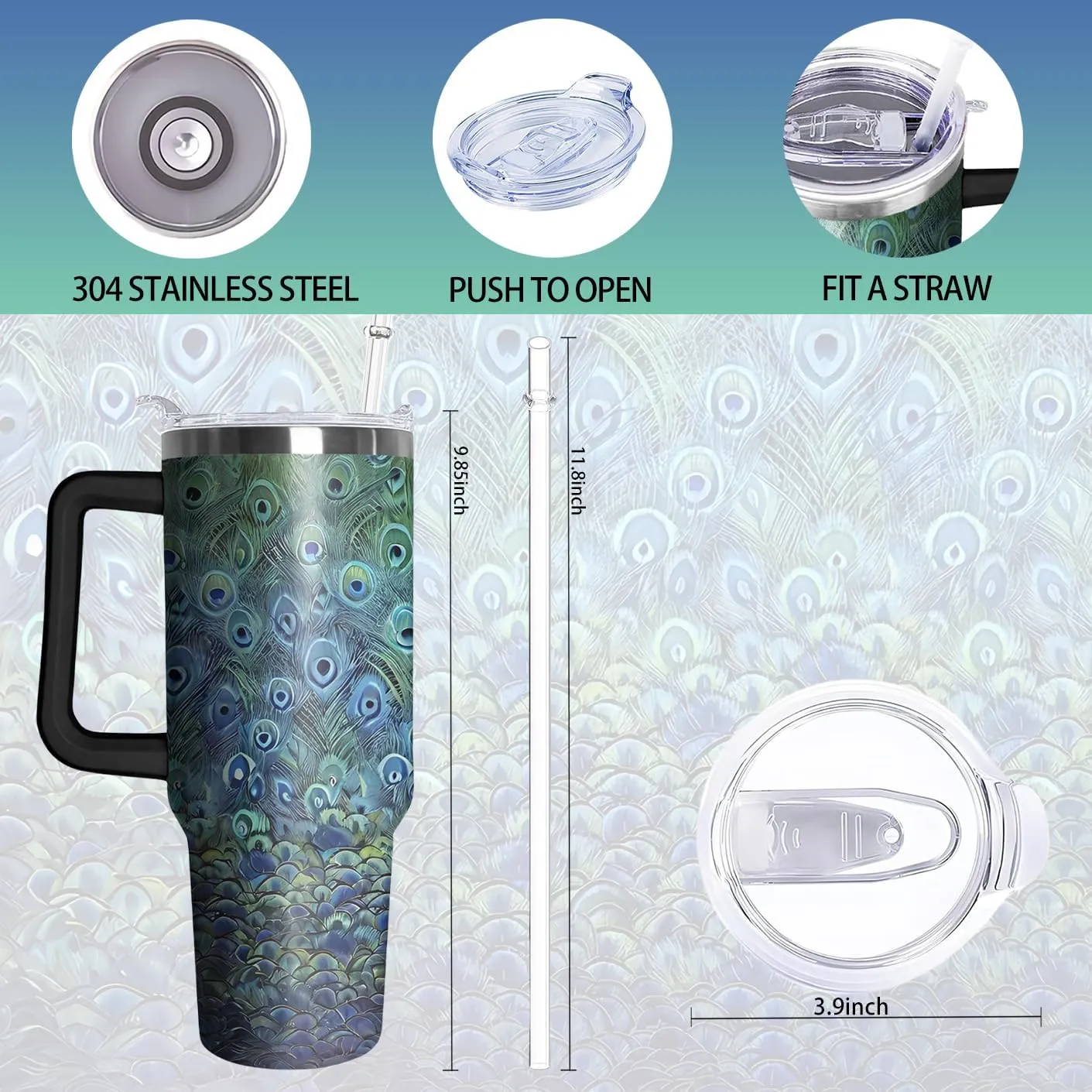 40oz Peacock Tumbler with Handle and Straw, Animal Lovers Gifts for Women, Colorful Bird Stainless Steel Travel Mug Water Bottle, Vacuum Insulated Cup with Lid