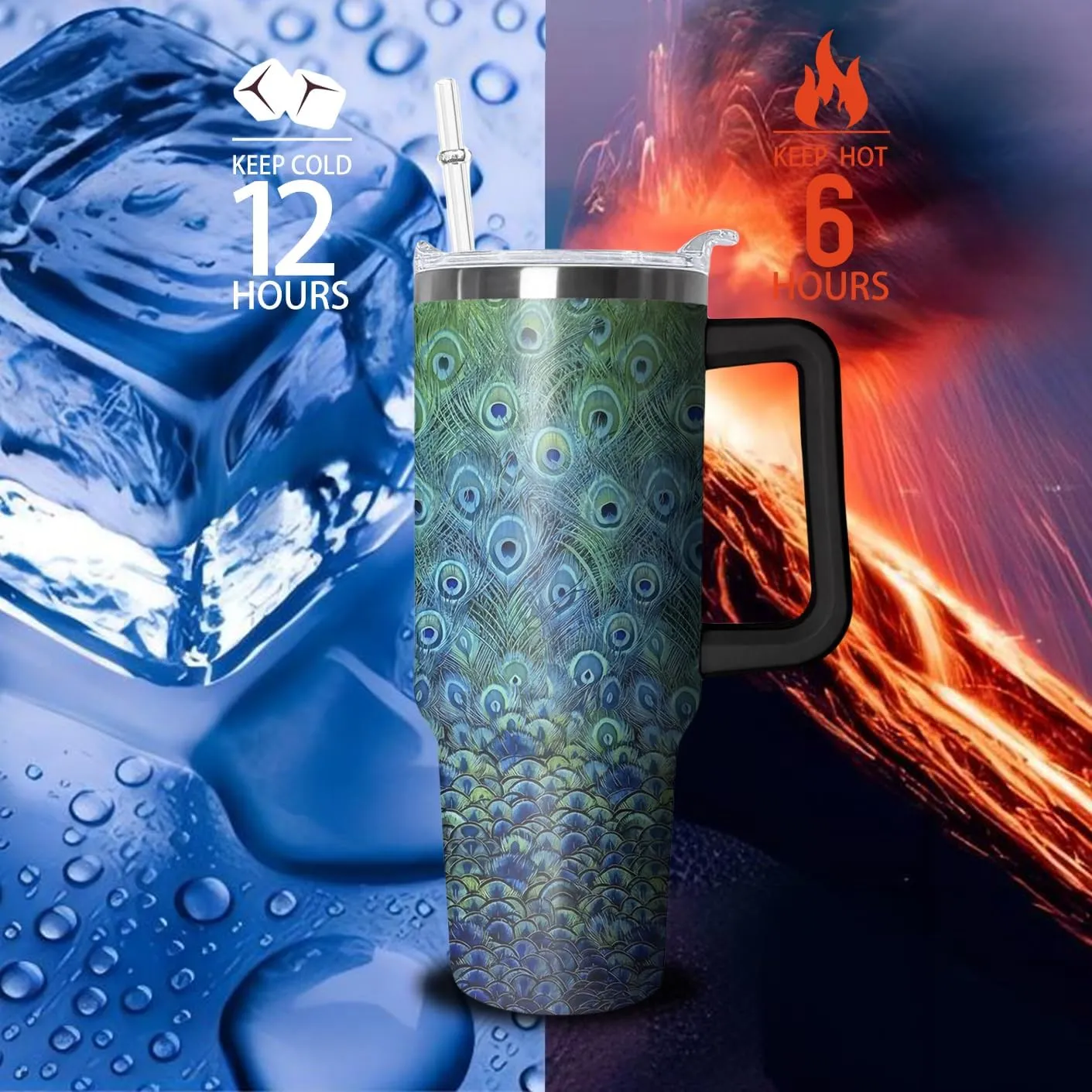 40oz Peacock Tumbler with Handle and Straw, Animal Lovers Gifts for Women, Colorful Bird Stainless Steel Travel Mug Water Bottle, Vacuum Insulated Cup with Lid