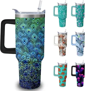 40oz Peacock Tumbler with Handle and Straw, Animal Lovers Gifts for Women, Colorful Bird Stainless Steel Travel Mug Water Bottle, Vacuum Insulated Cup with Lid