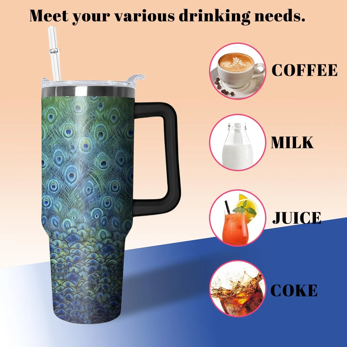 40oz Peacock Tumbler with Handle and Straw, Animal Lovers Gifts for Women, Colorful Bird Stainless Steel Travel Mug Water Bottle, Vacuum Insulated Cup with Lid