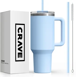 40oz Tumbler with Lid and Straw l Reusable Spill Proof Double Wall Insulated Stainless Steel Water Bottle Travel Mug l Cupholder Friendly Vacuum Sealed Tumbler with Handle (Chambray)