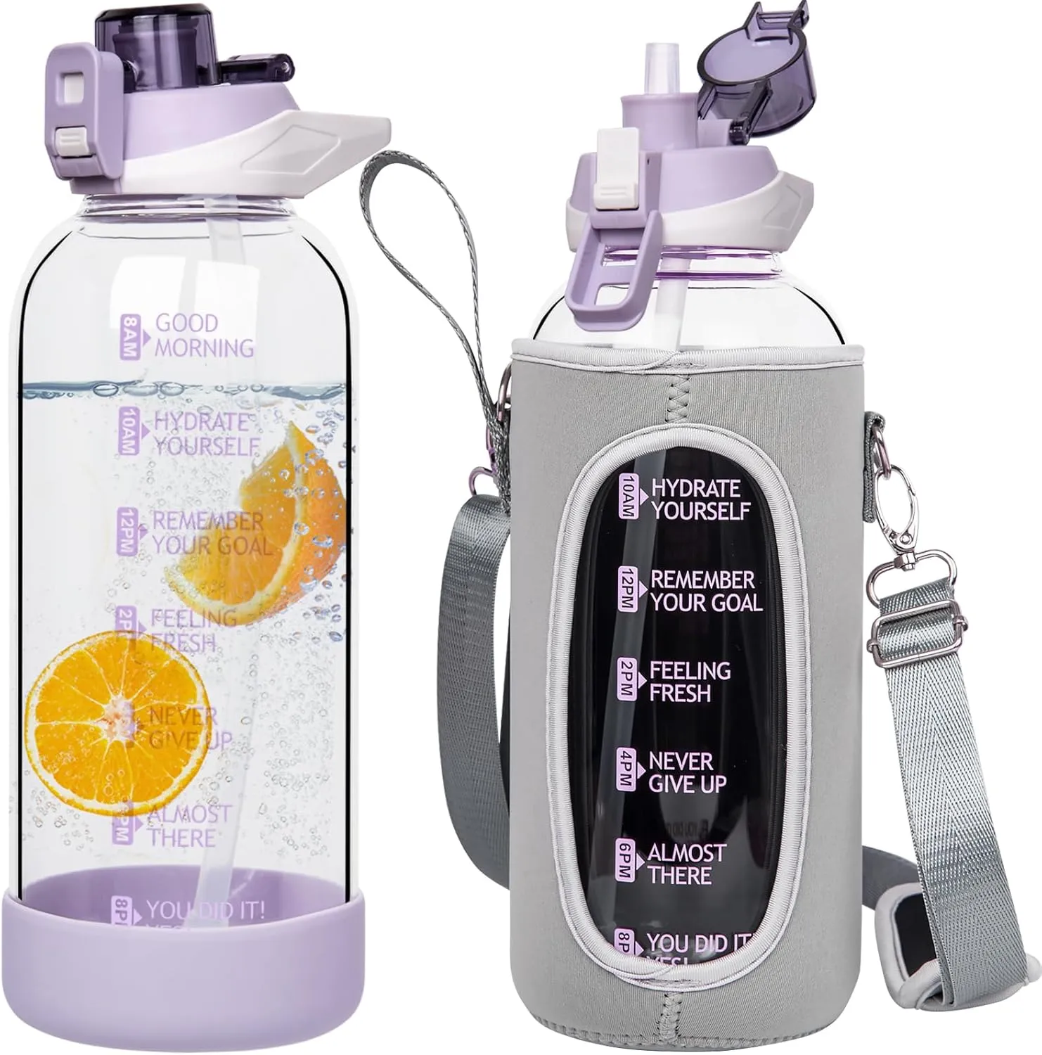 48 oz Large Sports Glass Water Bottle with Straw & Time Marker, Motivational Daily Glass Drinking Bottle with Strap for Fruit Infused Water, Smoothie, Coffee