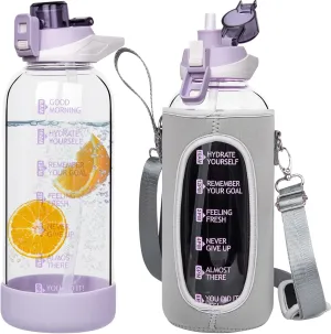 48 oz Large Sports Glass Water Bottle with Straw & Time Marker, Motivational Daily Glass Drinking Bottle with Strap for Fruit Infused Water, Smoothie, Coffee