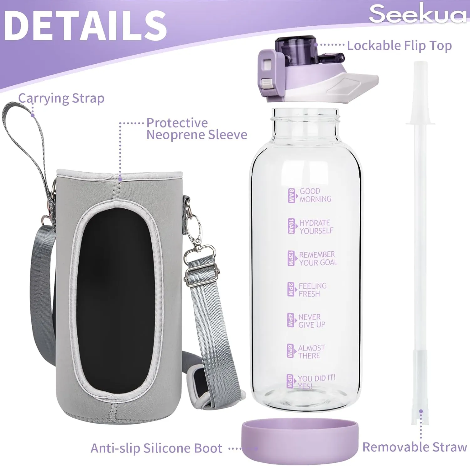 48 oz Large Sports Glass Water Bottle with Straw & Time Marker, Motivational Daily Glass Drinking Bottle with Strap for Fruit Infused Water, Smoothie, Coffee