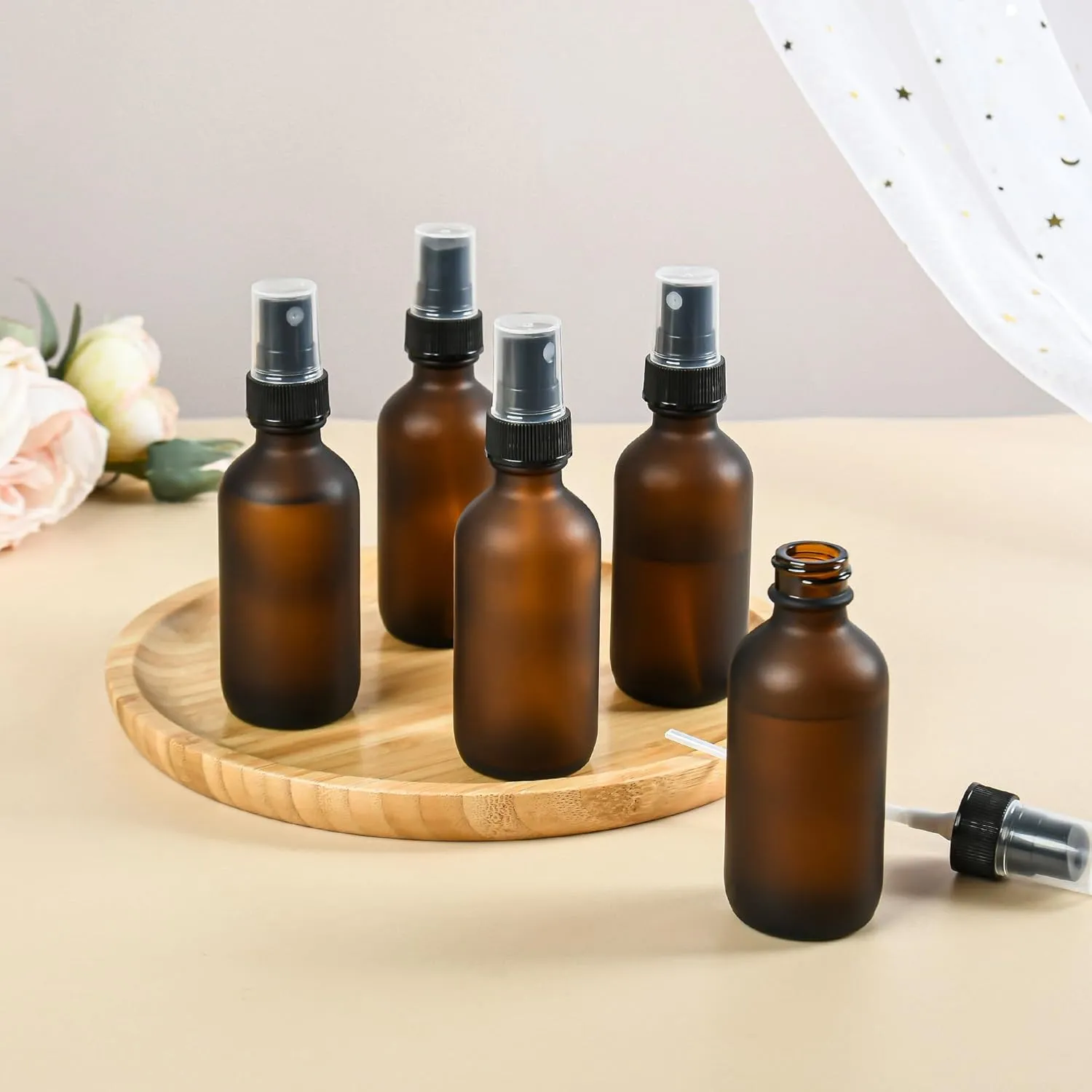 48 Pack 2oz Glass Boston Round Bottle with Fine Mist Sprayer - Amber Frosted - Essential Oils, Bath, Beauty, Hair & Cleaning - Leakproof Travel Bottles