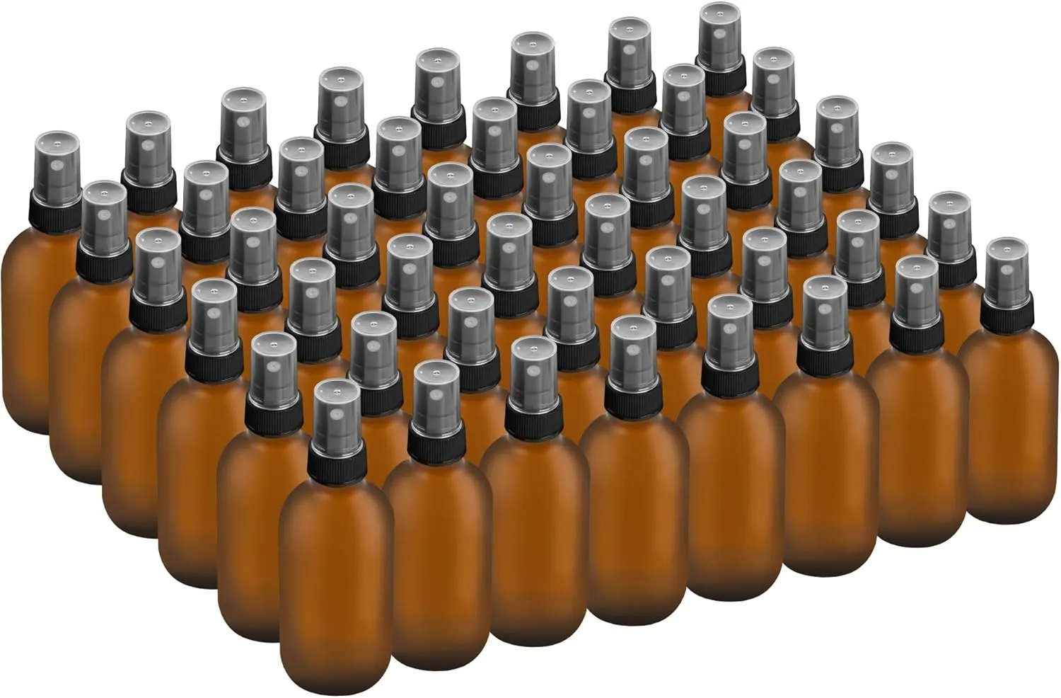 48 Pack 2oz Glass Boston Round Bottle with Fine Mist Sprayer - Amber Frosted - Essential Oils, Bath, Beauty, Hair & Cleaning - Leakproof Travel Bottles
