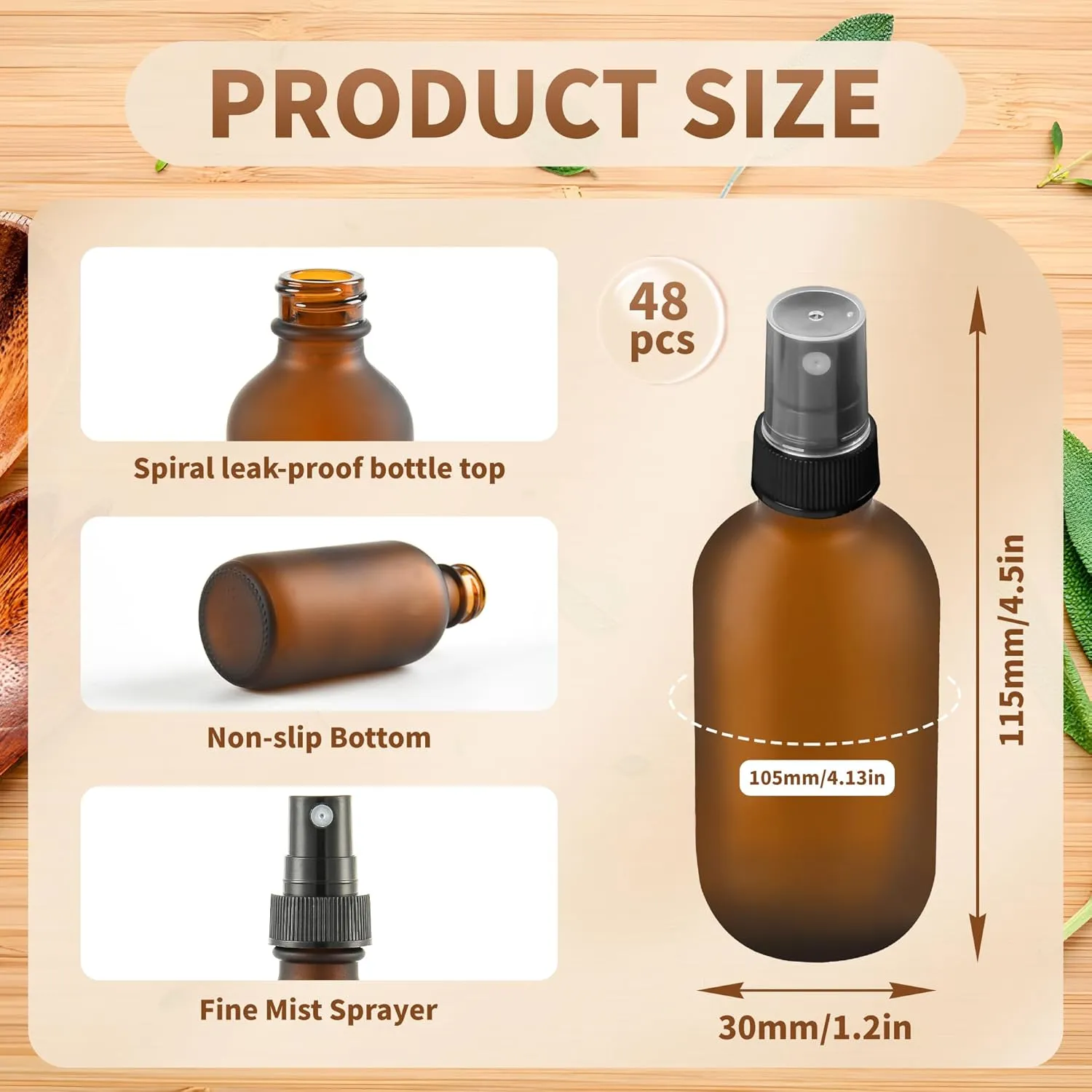 48 Pack 2oz Glass Boston Round Bottle with Fine Mist Sprayer - Amber Frosted - Essential Oils, Bath, Beauty, Hair & Cleaning - Leakproof Travel Bottles