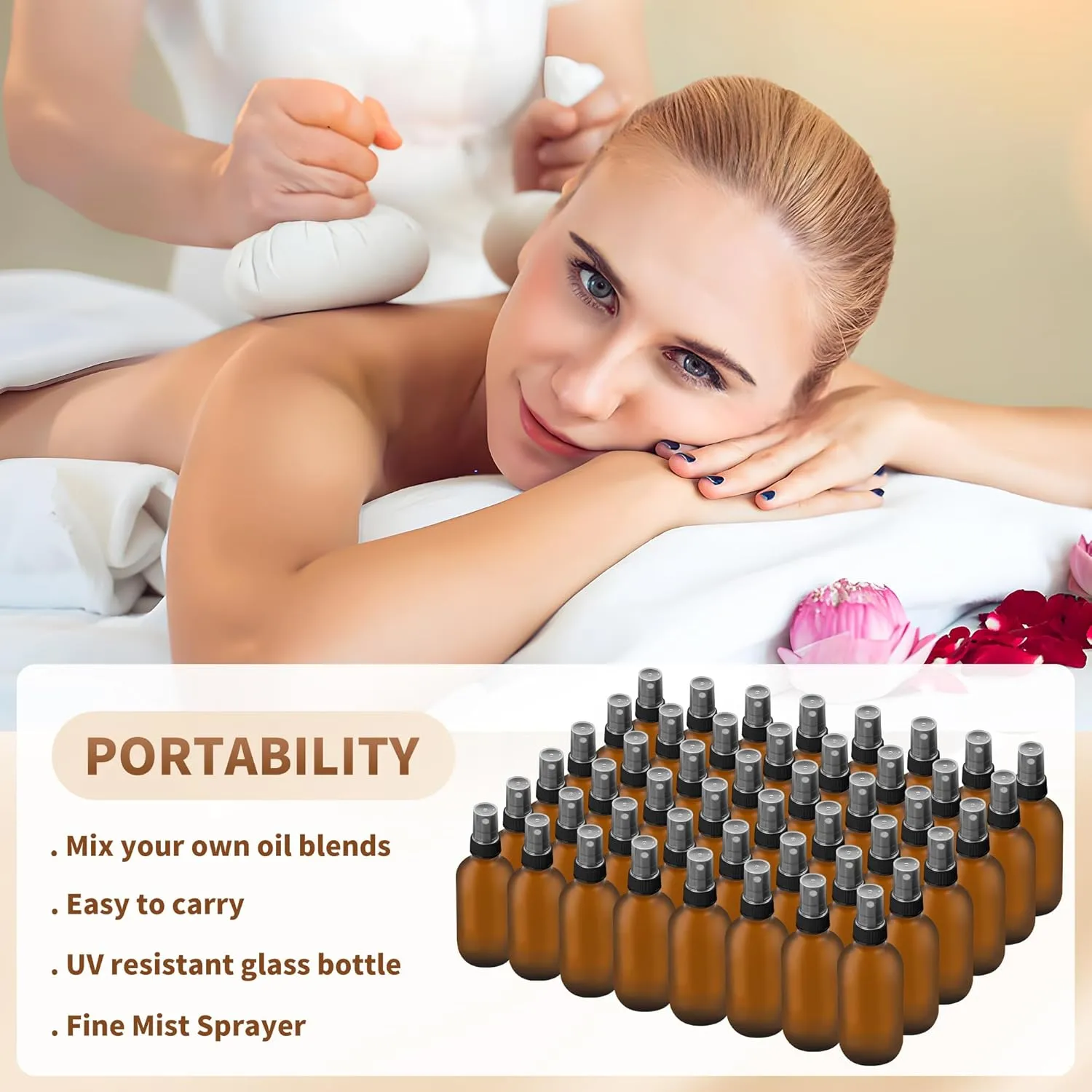 48 Pack 2oz Glass Boston Round Bottle with Fine Mist Sprayer - Amber Frosted - Essential Oils, Bath, Beauty, Hair & Cleaning - Leakproof Travel Bottles