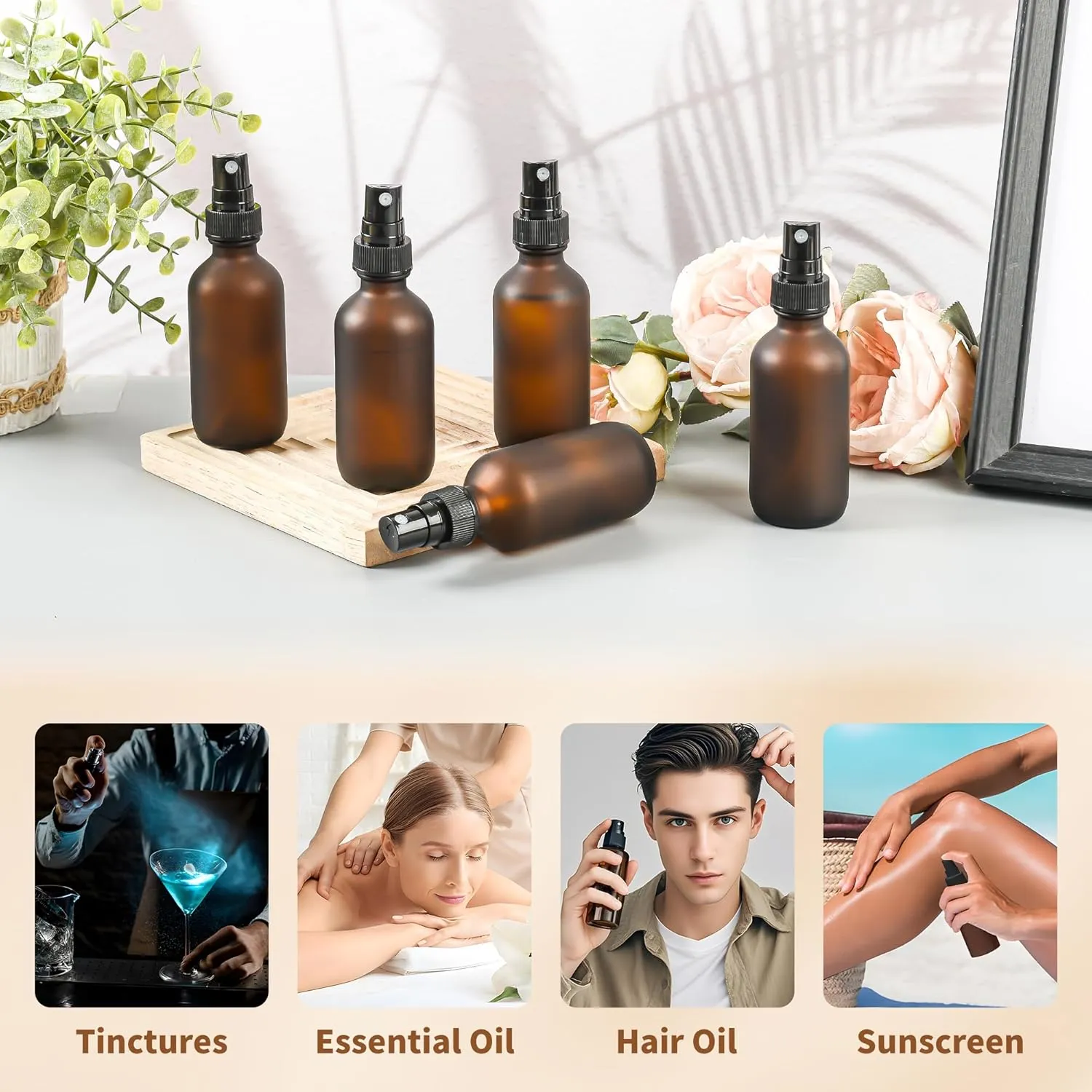 48 Pack 2oz Glass Boston Round Bottle with Fine Mist Sprayer - Amber Frosted - Essential Oils, Bath, Beauty, Hair & Cleaning - Leakproof Travel Bottles