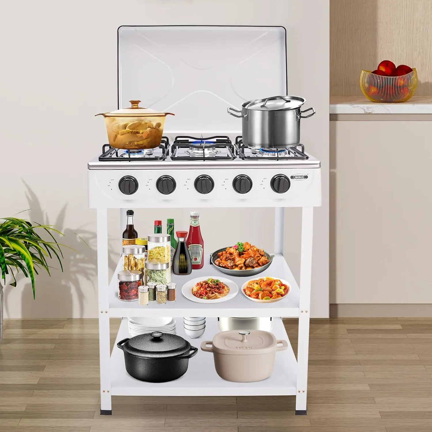 5 Burner Gas Stove Portable Outdoor Stove with Removable Storage Stand, Stainless Steel Propane Gas Cooker with Wind - Blocking Cover and Dustproof Covers for Camping Picnic Home RV Cooking, White
