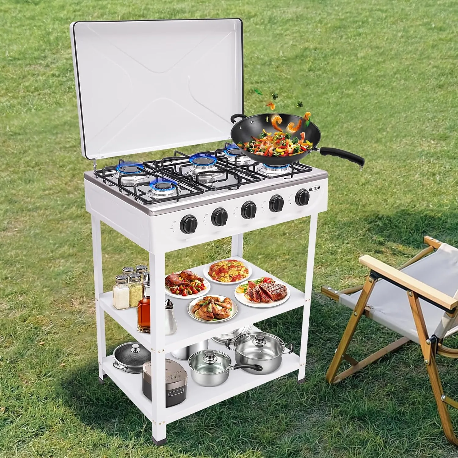 5 Burner Gas Stove Portable Outdoor Stove with Removable Storage Stand, Stainless Steel Propane Gas Cooker with Wind - Blocking Cover and Dustproof Covers for Camping Picnic Home RV Cooking, White