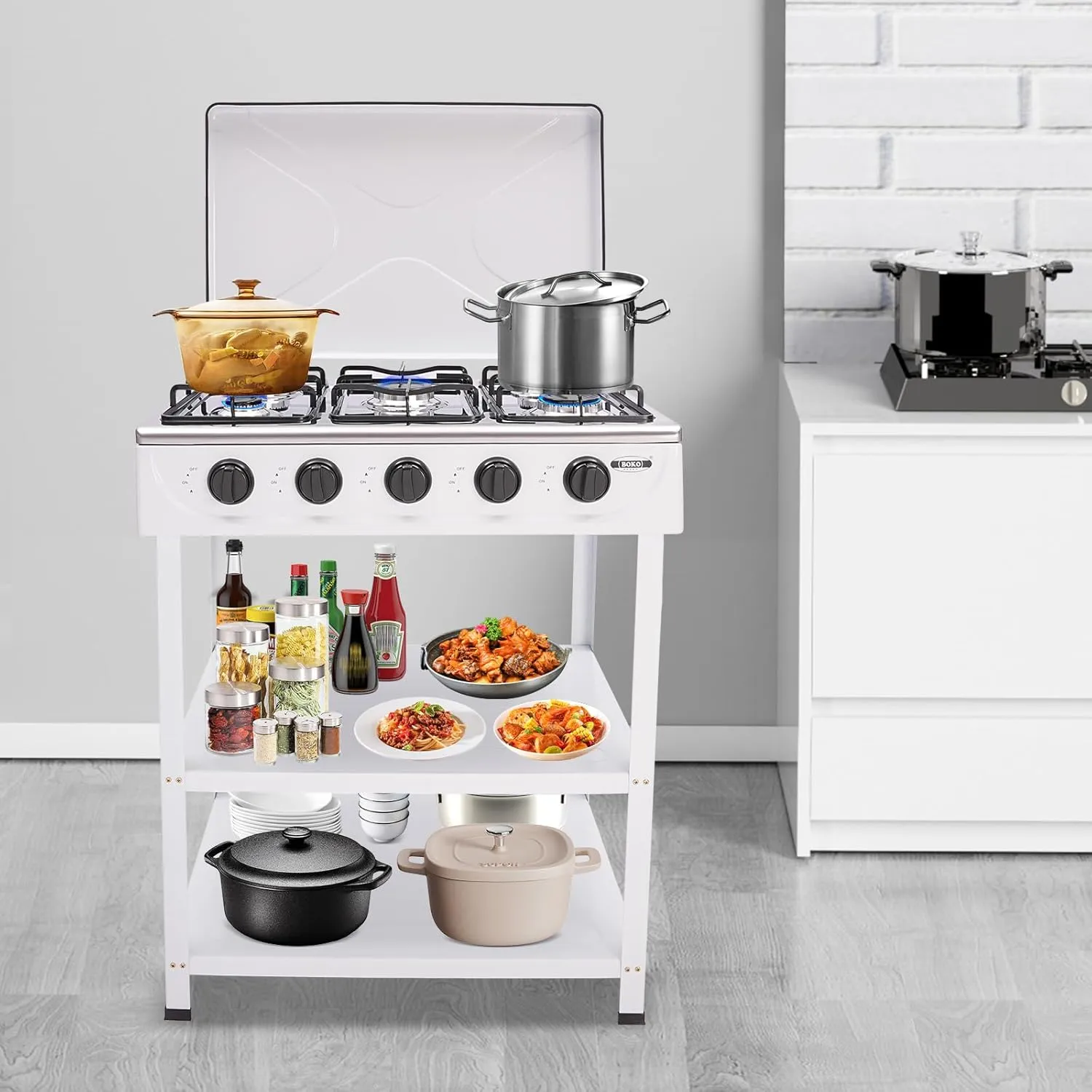 5 Burner Gas Stove Portable Outdoor Stove with Removable Storage Stand, Stainless Steel Propane Gas Cooker with Wind - Blocking Cover and Dustproof Covers for Camping Picnic Home RV Cooking, White