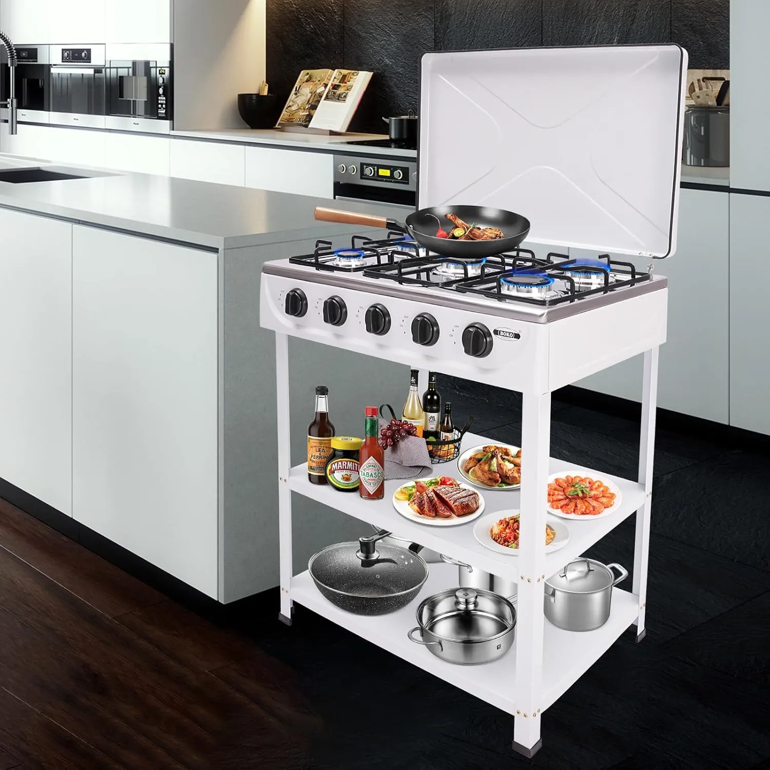 5 Burner Gas Stove Portable Outdoor Stove with Removable Storage Stand, Stainless Steel Propane Gas Cooker with Wind - Blocking Cover and Dustproof Covers for Camping Picnic Home RV Cooking, White