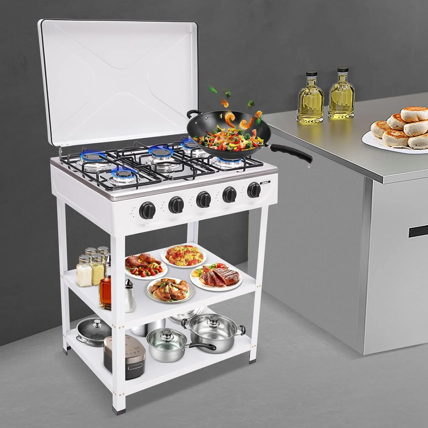 5 Burner Gas Stove Portable Outdoor Stove with Removable Storage Stand, Stainless Steel Propane Gas Cooker with Wind - Blocking Cover and Dustproof Covers for Camping Picnic Home RV Cooking, White