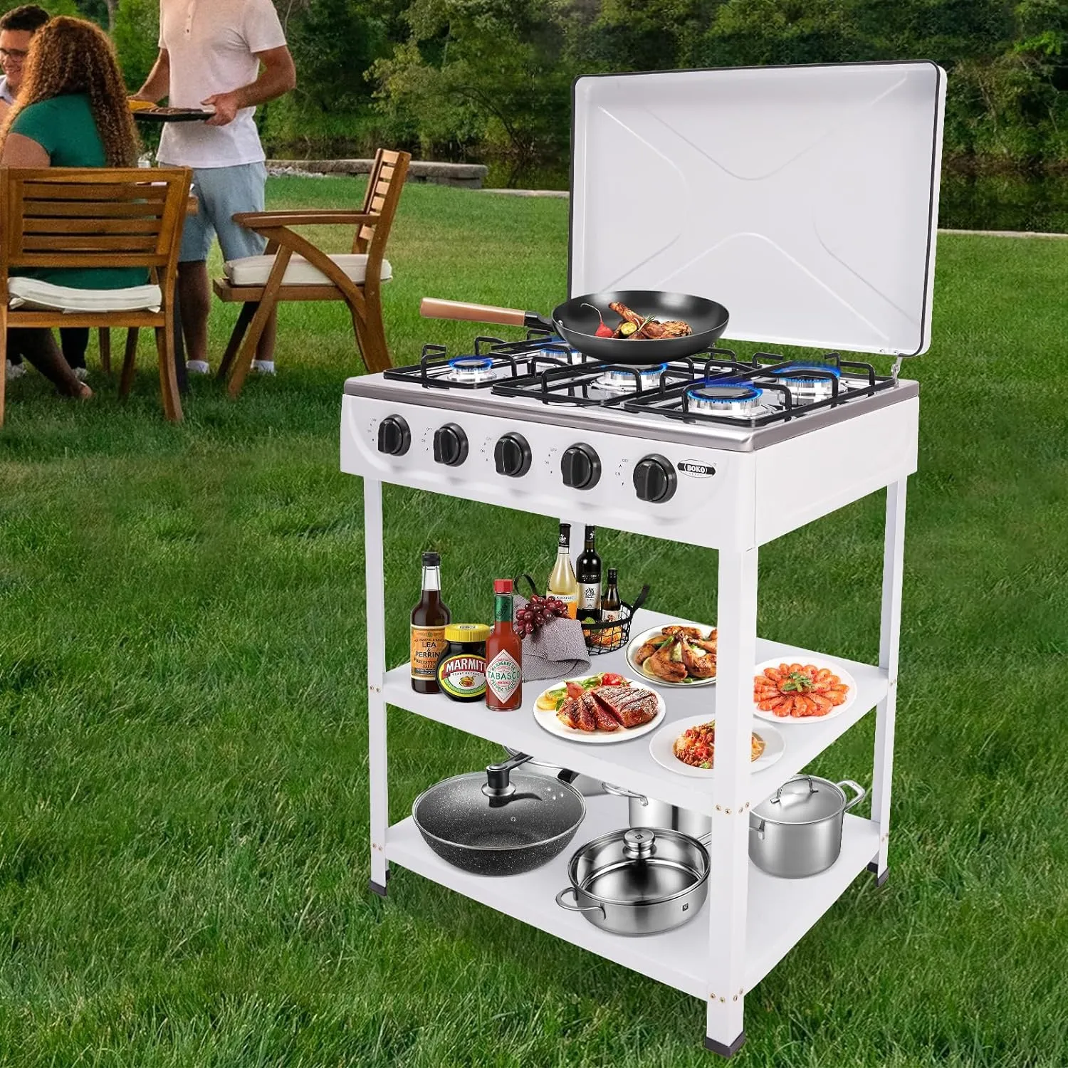 5 Burner Gas Stove Portable Outdoor Stove with Removable Storage Stand, Stainless Steel Propane Gas Cooker with Wind - Blocking Cover and Dustproof Covers for Camping Picnic Home RV Cooking, White