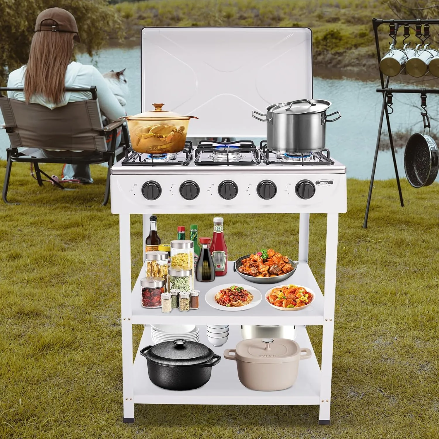5 Burner Gas Stove Portable Outdoor Stove with Removable Storage Stand, Stainless Steel Propane Gas Cooker with Wind - Blocking Cover and Dustproof Covers for Camping Picnic Home RV Cooking, White