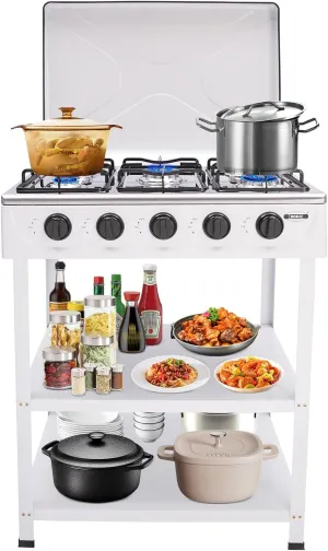 5 Burner Gas Stove Portable Outdoor Stove with Removable Storage Stand, Stainless Steel Propane Gas Cooker with Wind - Blocking Cover and Dustproof Covers for Camping Picnic Home RV Cooking, White