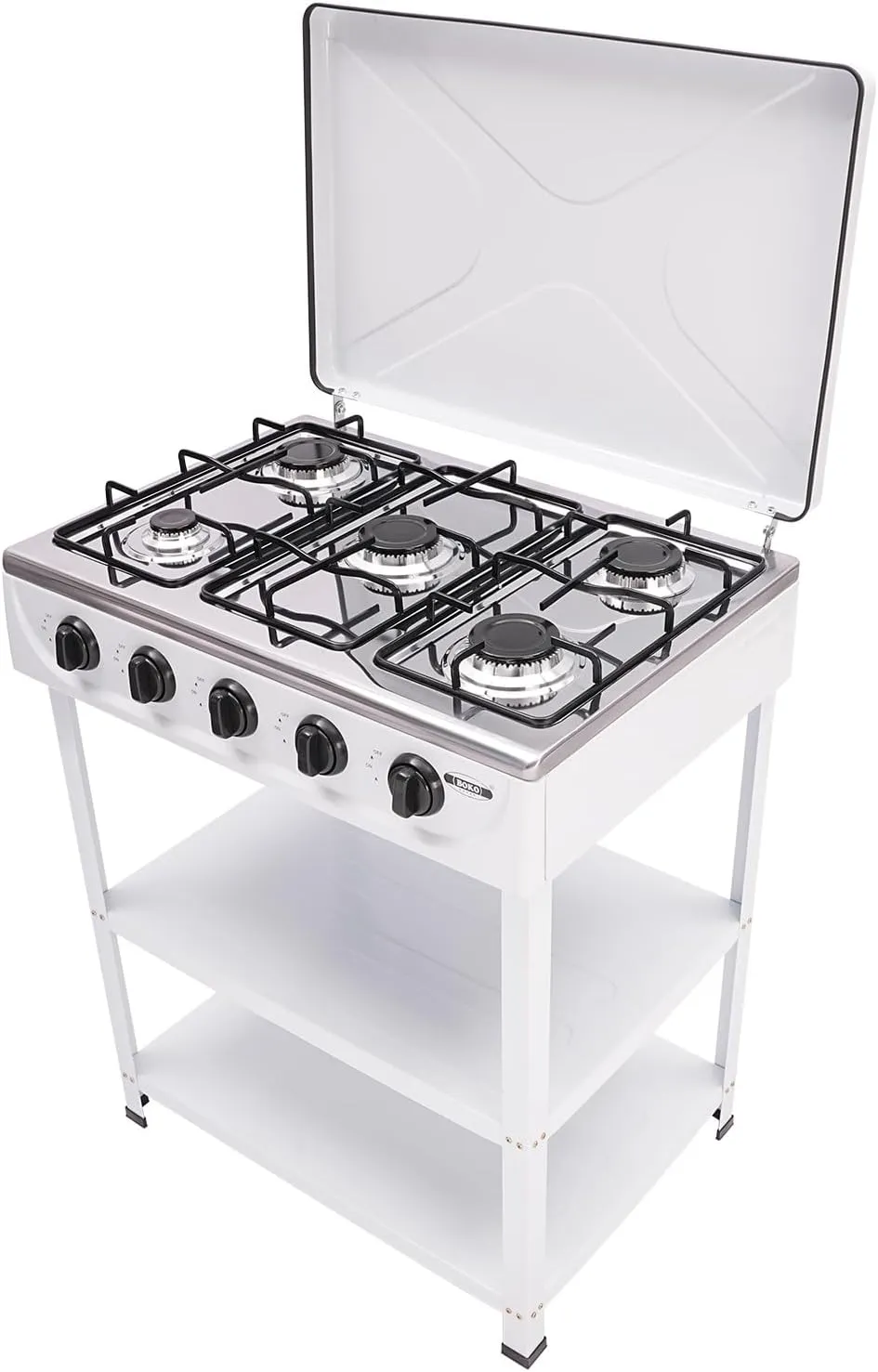 5 Burners Natural Gas Stoves, 2.5KW Countertop Grill Dual Natural Gas Cooker, Portability Outdoor Kitchen Camping Stove, Freestanding 2 Tier Storage Rack, Suitable for Camping/Cooking/BBQ (White)
