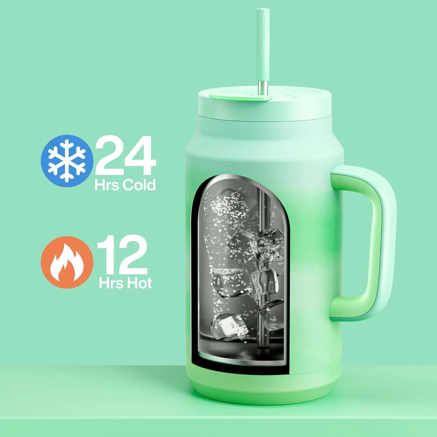 50 oz Tumbler with Handle and Straw, 100% Leak-Proof Insulated Cup Large Water Bottle with 2-in-1 Lid, Reusable Stainless Steel Travel Mug Water Jug, Non-slip Base, BPA-Free （Jade）