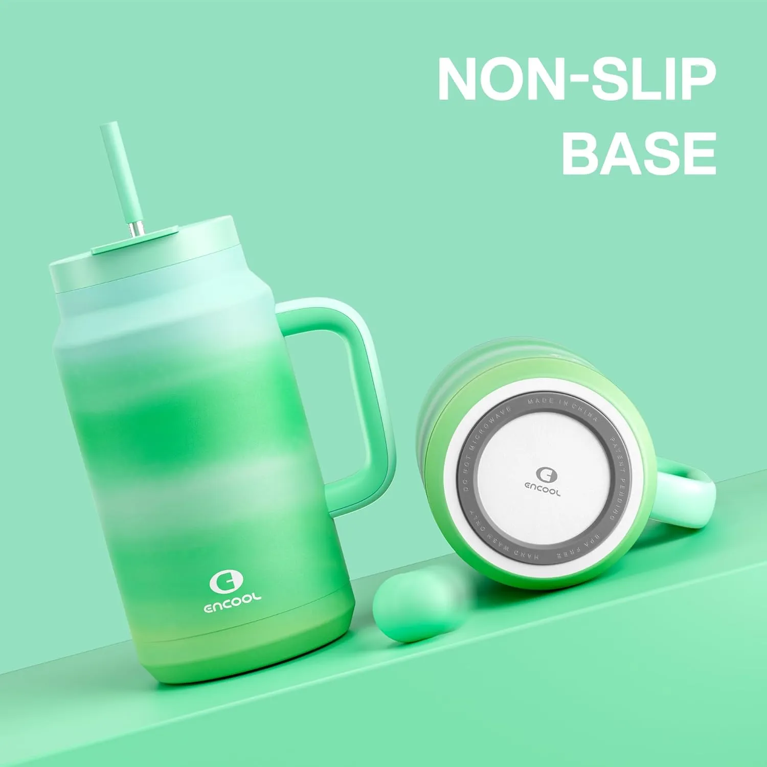 50 oz Tumbler with Handle and Straw, 100% Leak-Proof Insulated Cup Large Water Bottle with 2-in-1 Lid, Reusable Stainless Steel Travel Mug Water Jug, Non-slip Base, BPA-Free （Jade）