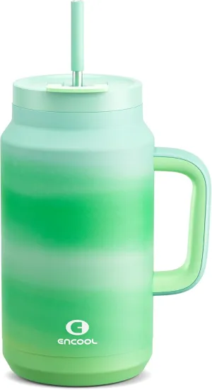 50 oz Tumbler with Handle and Straw, 100% Leak-Proof Insulated Cup Large Water Bottle with 2-in-1 Lid, Reusable Stainless Steel Travel Mug Water Jug, Non-slip Base, BPA-Free （Jade）