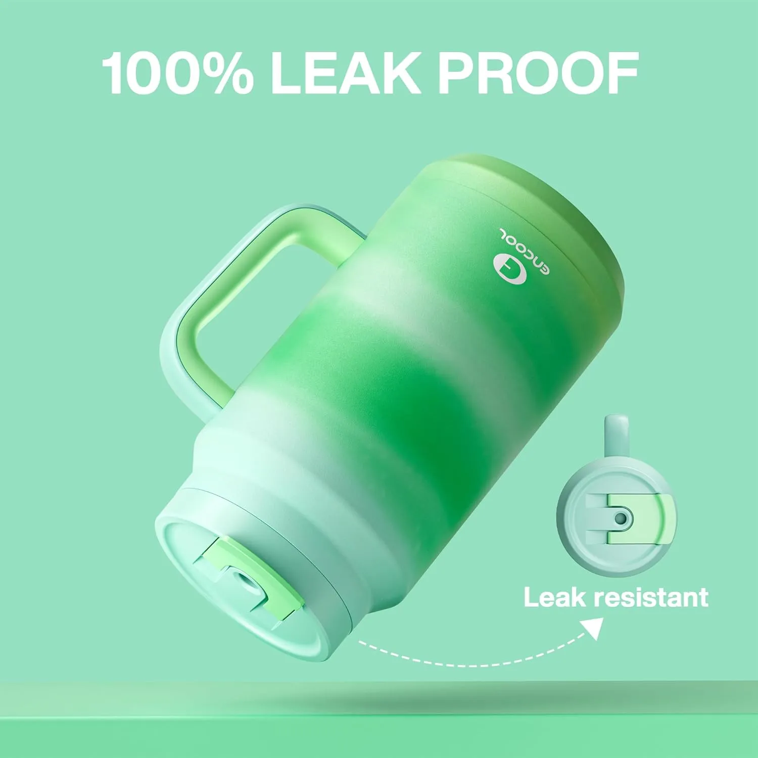 50 oz Tumbler with Handle and Straw, 100% Leak-Proof Insulated Cup Large Water Bottle with 2-in-1 Lid, Reusable Stainless Steel Travel Mug Water Jug, Non-slip Base, BPA-Free （Jade）