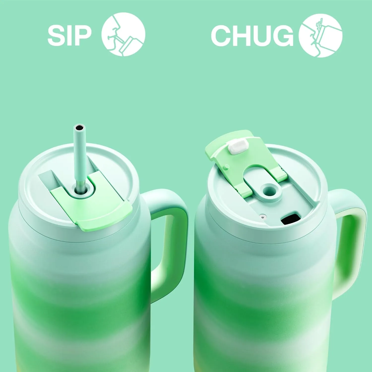 50 oz Tumbler with Handle and Straw, 100% Leak-Proof Insulated Cup Large Water Bottle with 2-in-1 Lid, Reusable Stainless Steel Travel Mug Water Jug, Non-slip Base, BPA-Free （Jade）