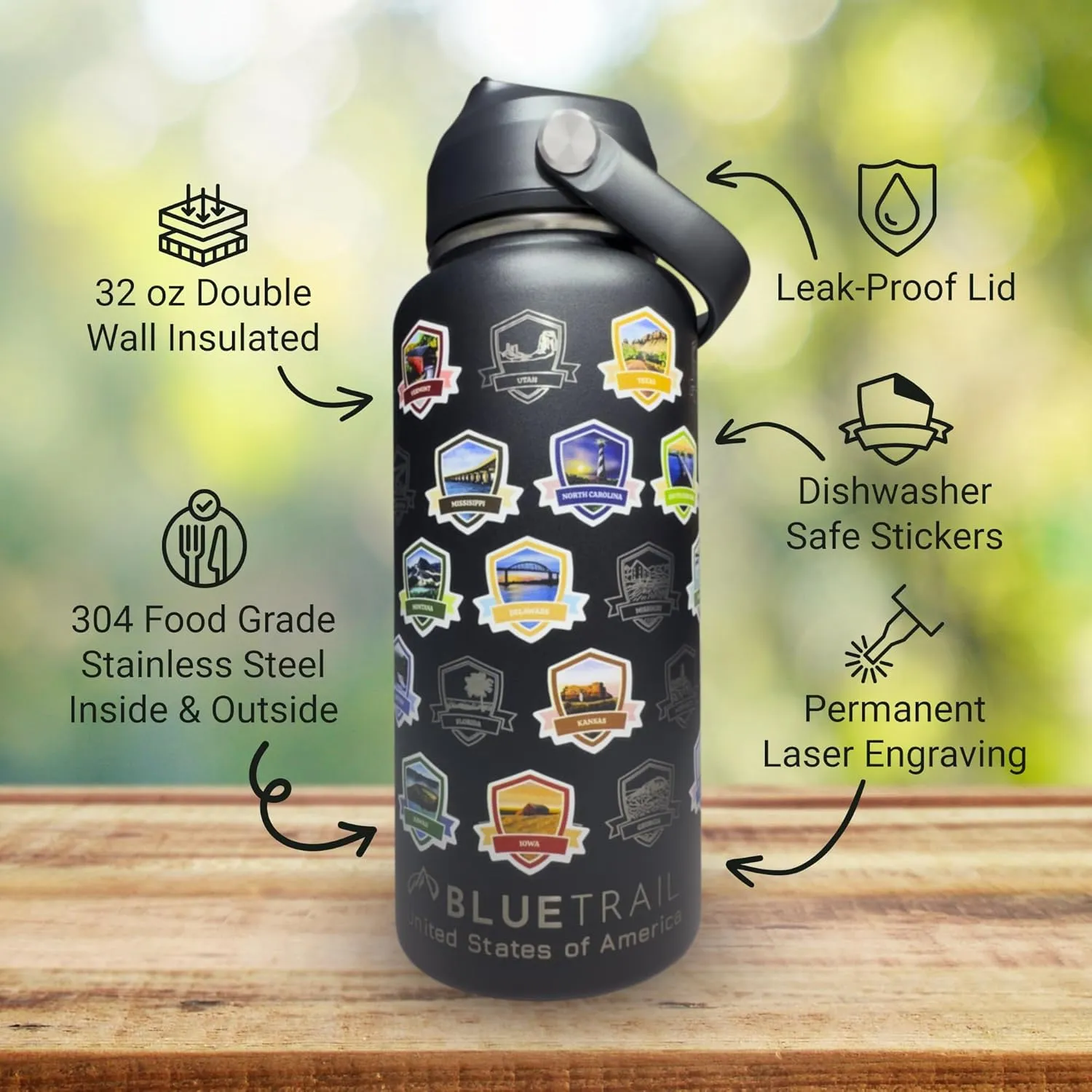 50 States Water Bottle with Stickers - 32 oz Insulated Stainless Steel, Upgraded Leak-Proof Lid, UV & Waterproof Permanent Stickers, Laser Engraved 50 States of the USA (Pale Mint)