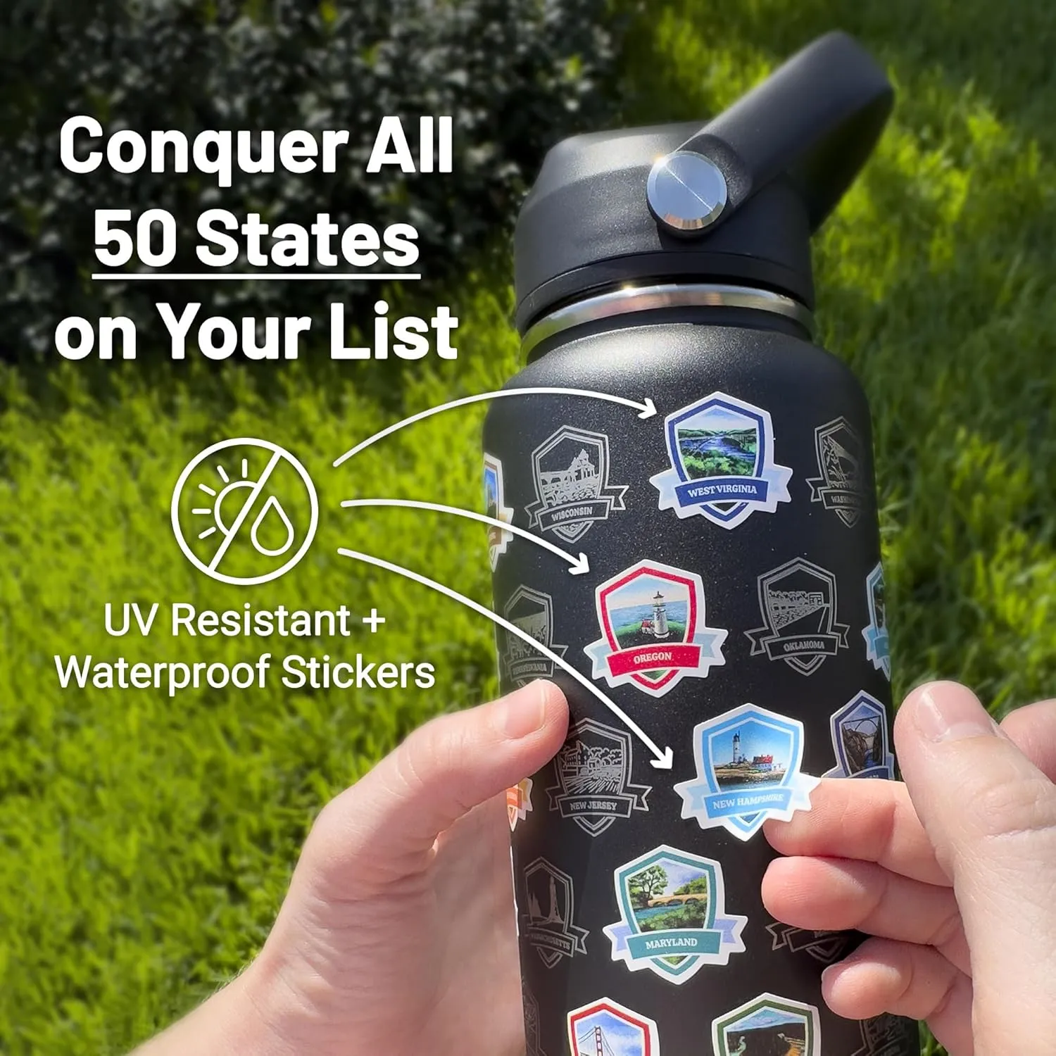 50 States Water Bottle with Stickers - 32 oz Insulated Stainless Steel, Upgraded Leak-Proof Lid, UV & Waterproof Permanent Stickers, Laser Engraved 50 States of the USA (Pale Mint)