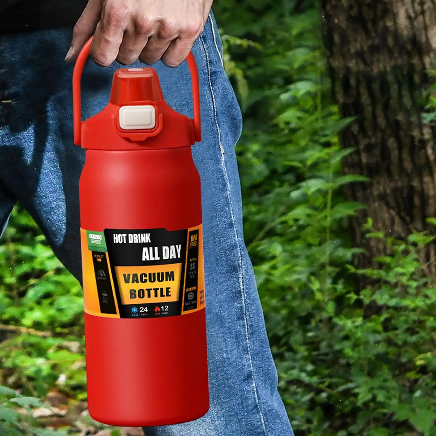 50oz /1500ml Insulated Water Bottle With Straw and Leakproof Lid, BPA Free Stainless Steel Wide Mouth Sports Water Bottle Cup With Portable Handle Double Wall Vacuum Keep Cold and Hot (rot)