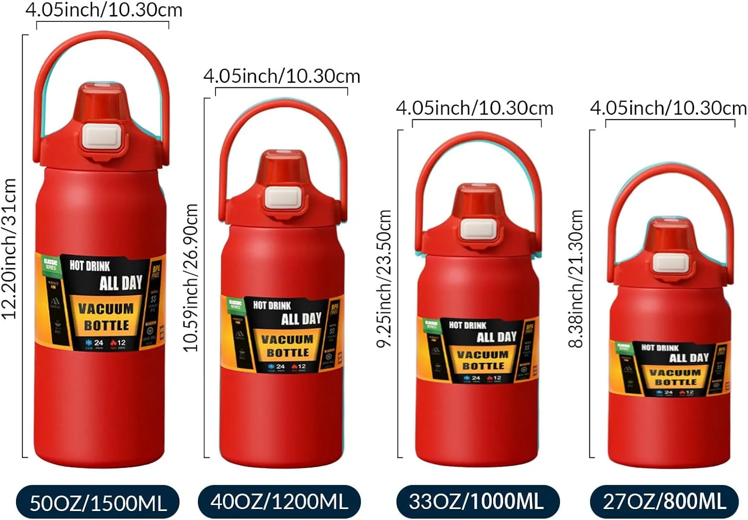 50oz /1500ml Insulated Water Bottle With Straw and Leakproof Lid, BPA Free Stainless Steel Wide Mouth Sports Water Bottle Cup With Portable Handle Double Wall Vacuum Keep Cold and Hot (rot)