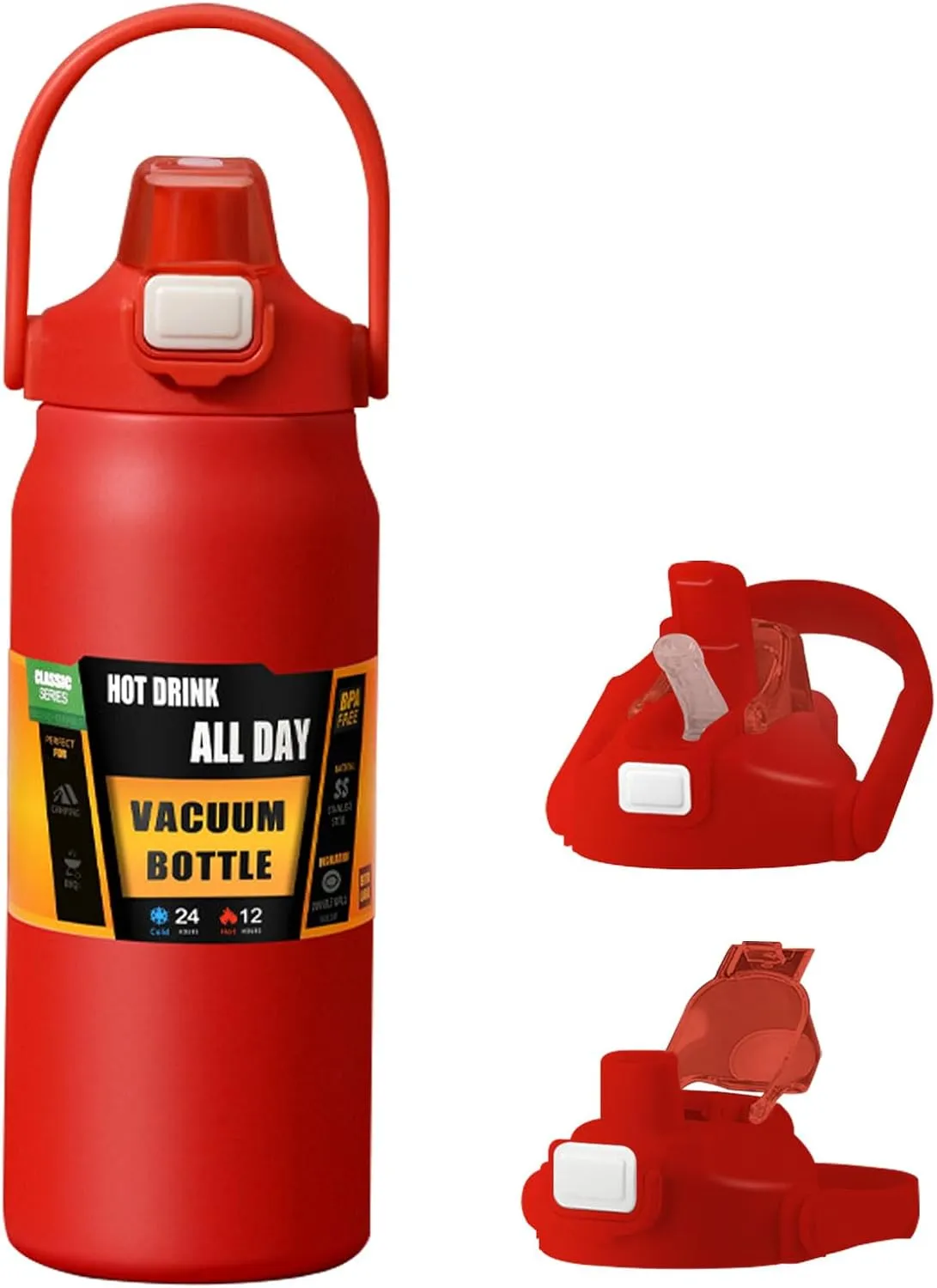 50oz /1500ml Insulated Water Bottle With Straw and Leakproof Lid, BPA Free Stainless Steel Wide Mouth Sports Water Bottle Cup With Portable Handle Double Wall Vacuum Keep Cold and Hot (rot)