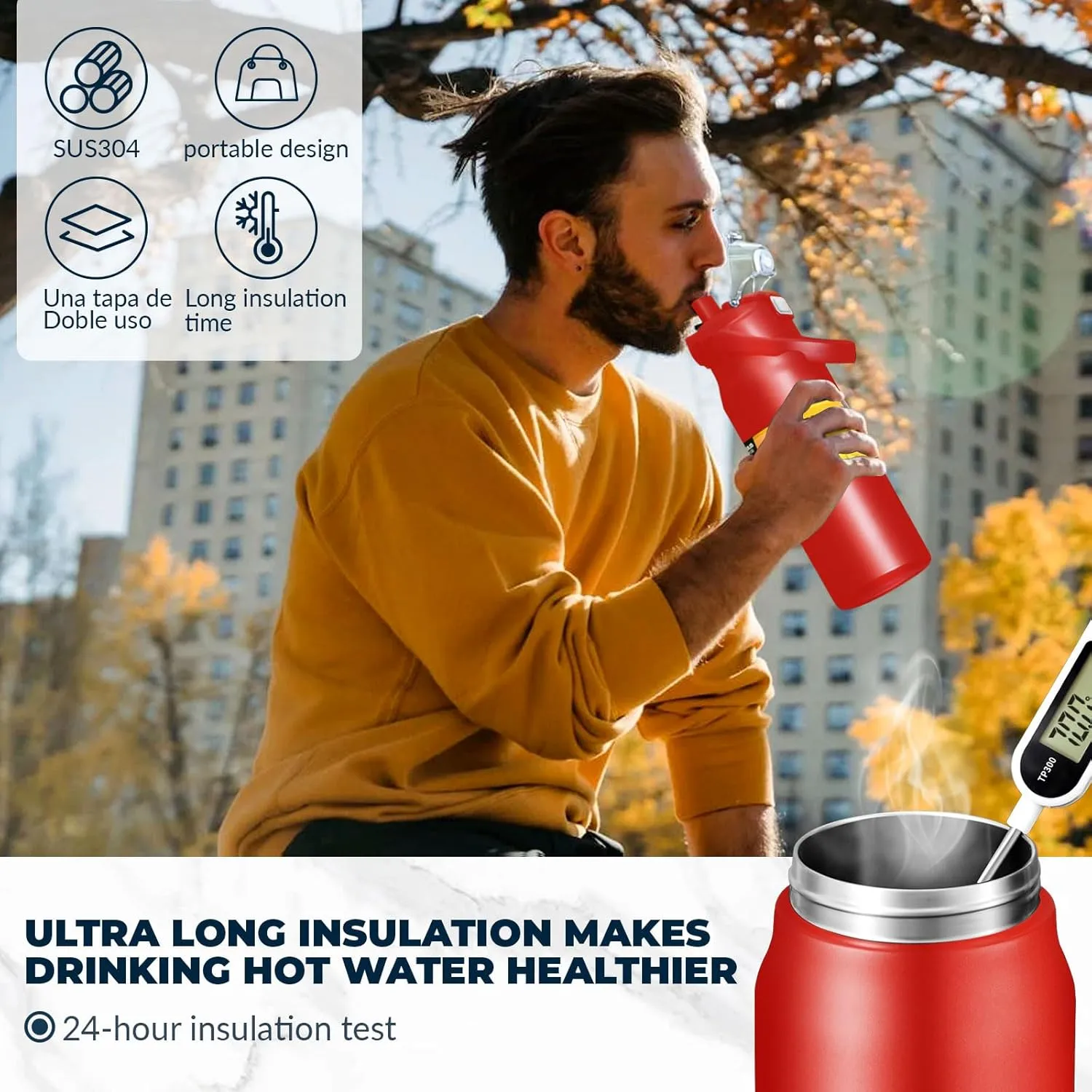 50oz /1500ml Insulated Water Bottle With Straw and Leakproof Lid, BPA Free Stainless Steel Wide Mouth Sports Water Bottle Cup With Portable Handle Double Wall Vacuum Keep Cold and Hot (rot)