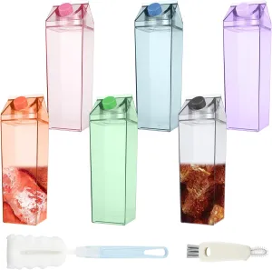 6 pack 35oz Milk Carton Water Bottle with Sponge Cup and Mug Brush, BPA Free Square Bottles, Juice Containers for Outdoor Sports Travel Camping School Activities
