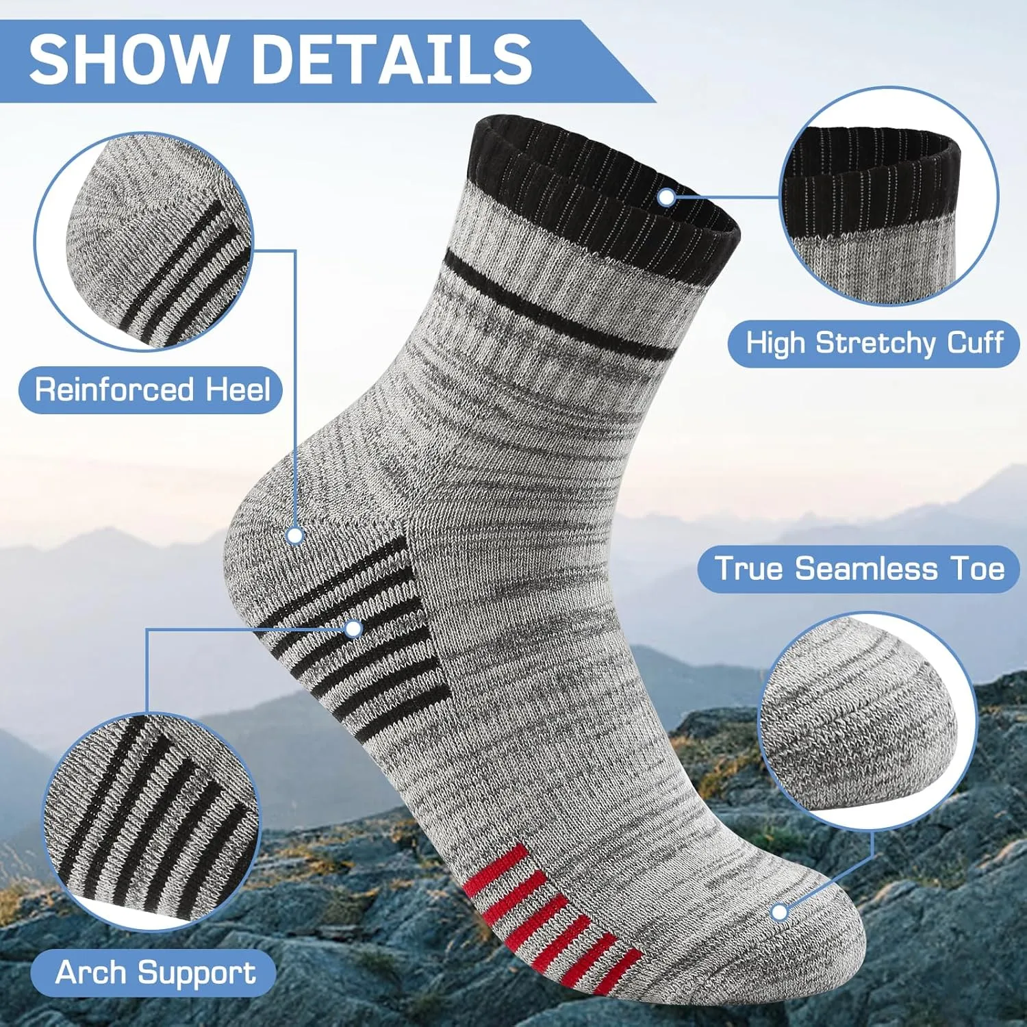 6 Pairs Men's Hiking Socks - Lightweight Cushioned Moisture Wicking Quarter Crew Socks