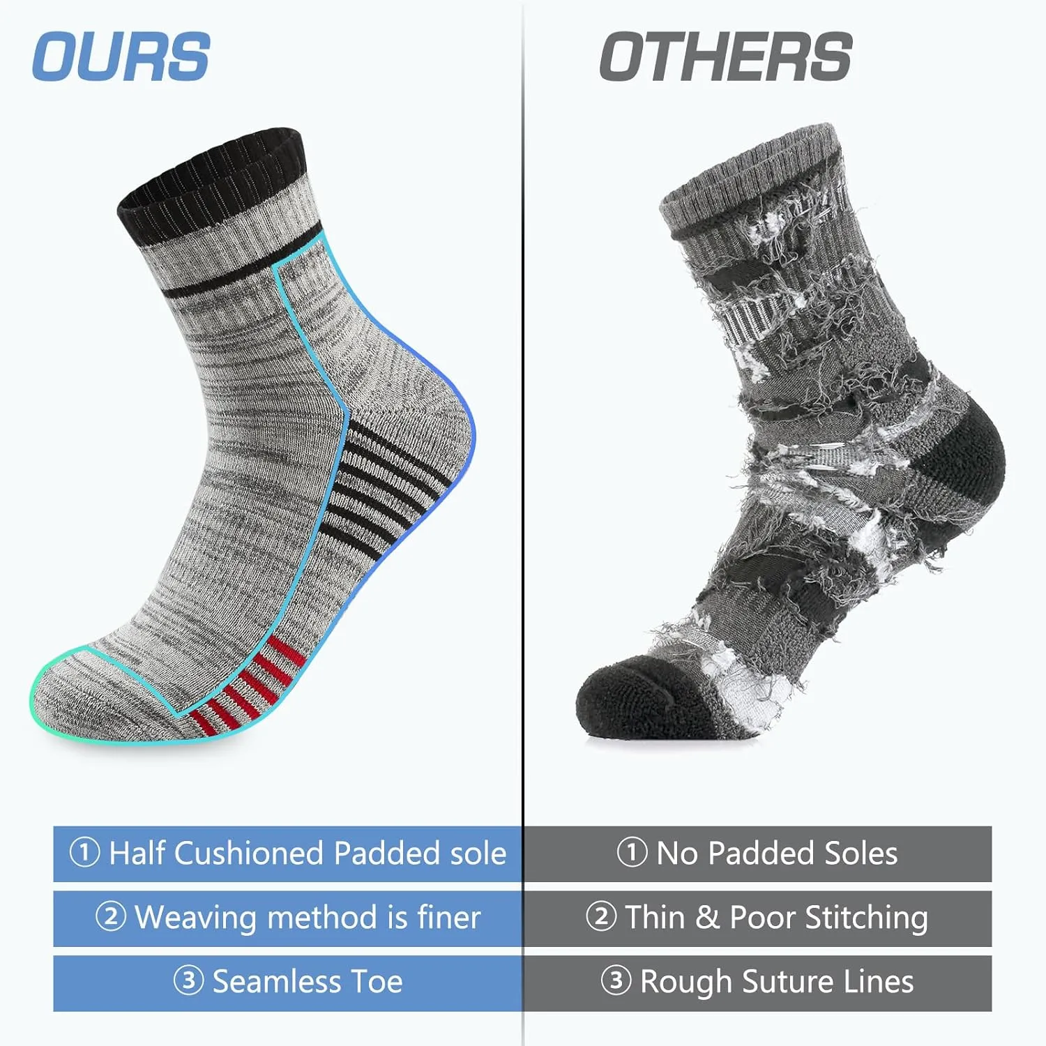 6 Pairs Men's Hiking Socks - Lightweight Cushioned Moisture Wicking Quarter Crew Socks