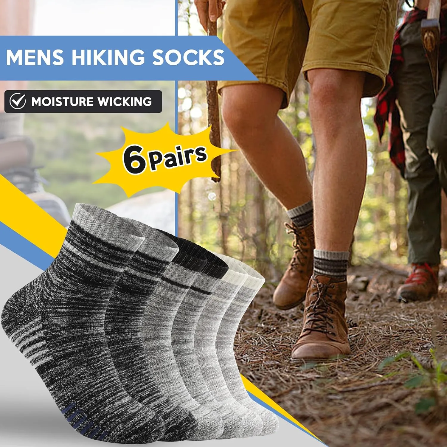 6 Pairs Men's Hiking Socks - Lightweight Cushioned Moisture Wicking Quarter Crew Socks