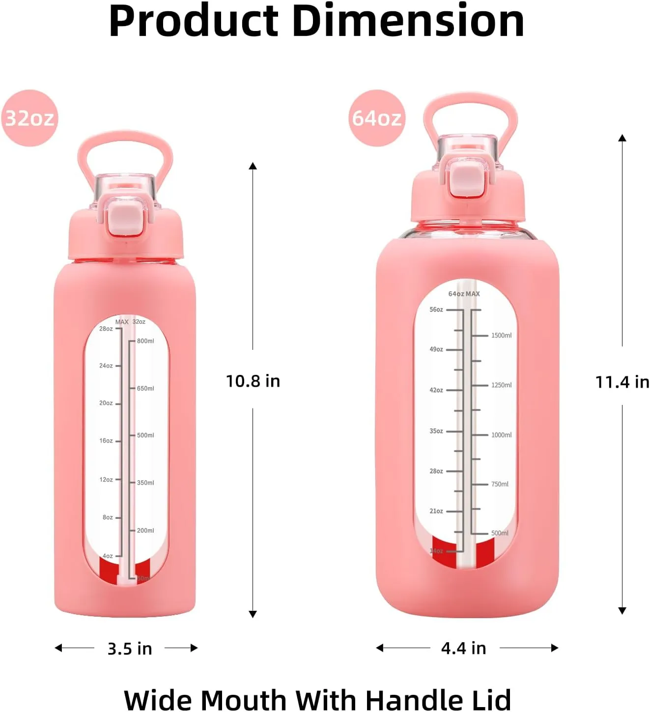 64 oz Glass Water Bolttles with Straw Half Gallon Large Motivational Water Bottle with Time Marker Sports Water Bottles with Silicone Sleeve and Handle Lid Water Jug for Gym Workout