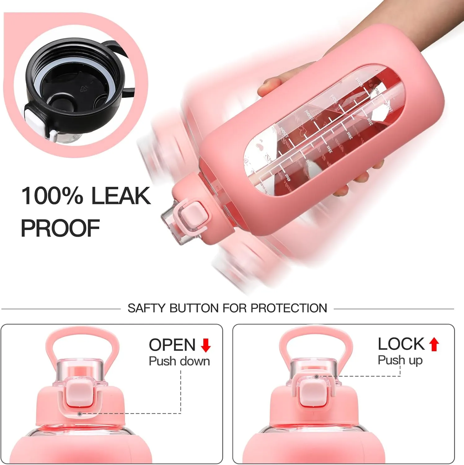 64 oz Glass Water Bolttles with Straw Half Gallon Large Motivational Water Bottle with Time Marker Sports Water Bottles with Silicone Sleeve and Handle Lid Water Jug for Gym Workout