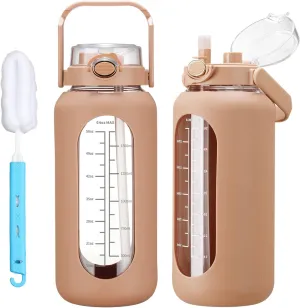 64oz Glass Water Bolttles with Straw Half Gallon Large Motivational Water Bottle with Time Marker Sports Water Bottles with Silicone Sleeve and Handle Lid Water Jug for Gym Workout
