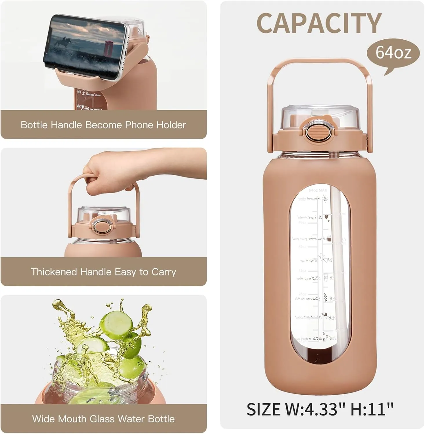 64oz Glass Water Bolttles with Straw Half Gallon Large Motivational Water Bottle with Time Marker Sports Water Bottles with Silicone Sleeve and Handle Lid Water Jug for Gym Workout