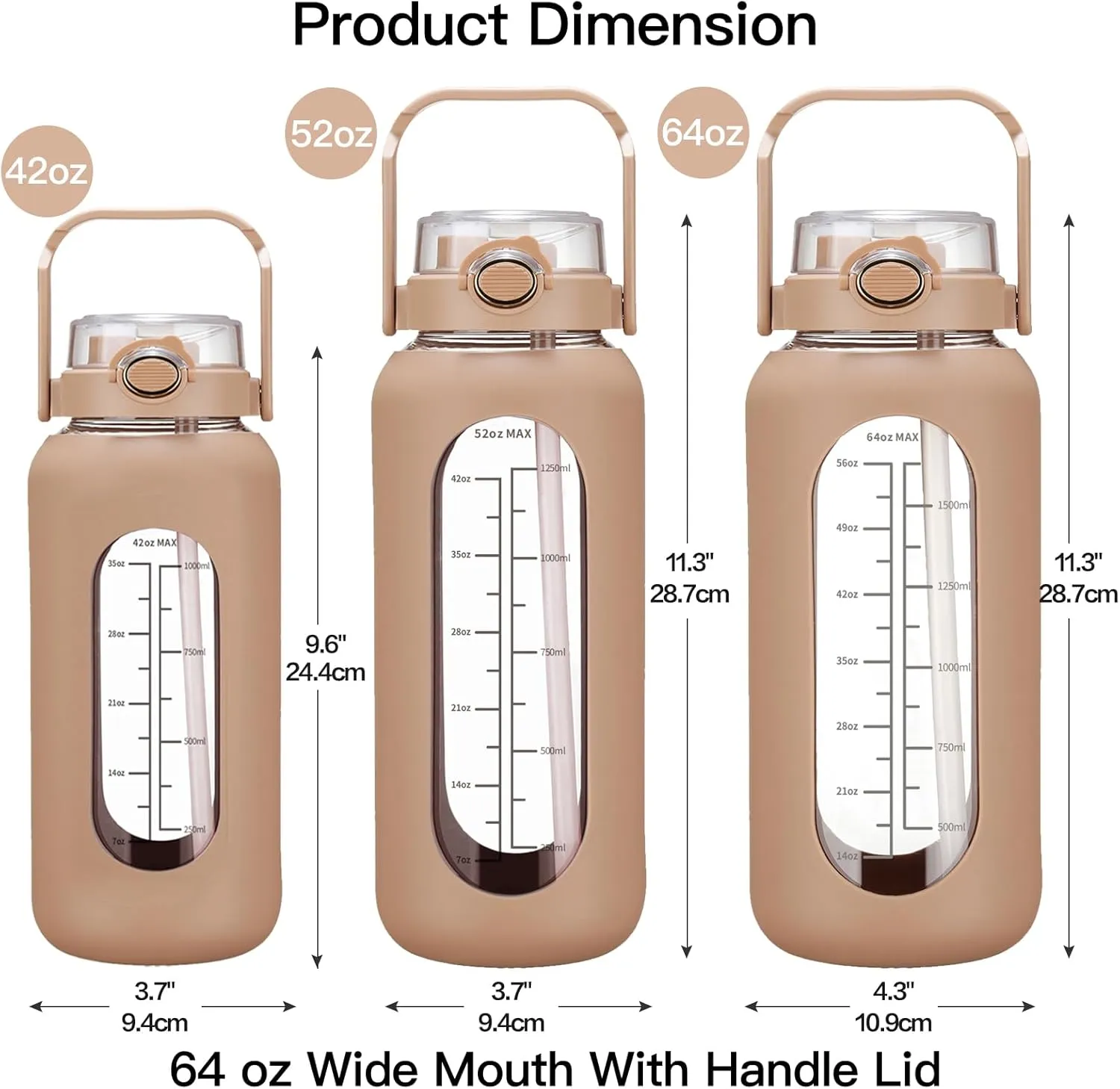 64oz Glass Water Bolttles with Straw Half Gallon Large Motivational Water Bottle with Time Marker Sports Water Bottles with Silicone Sleeve and Handle Lid Water Jug for Gym Workout
