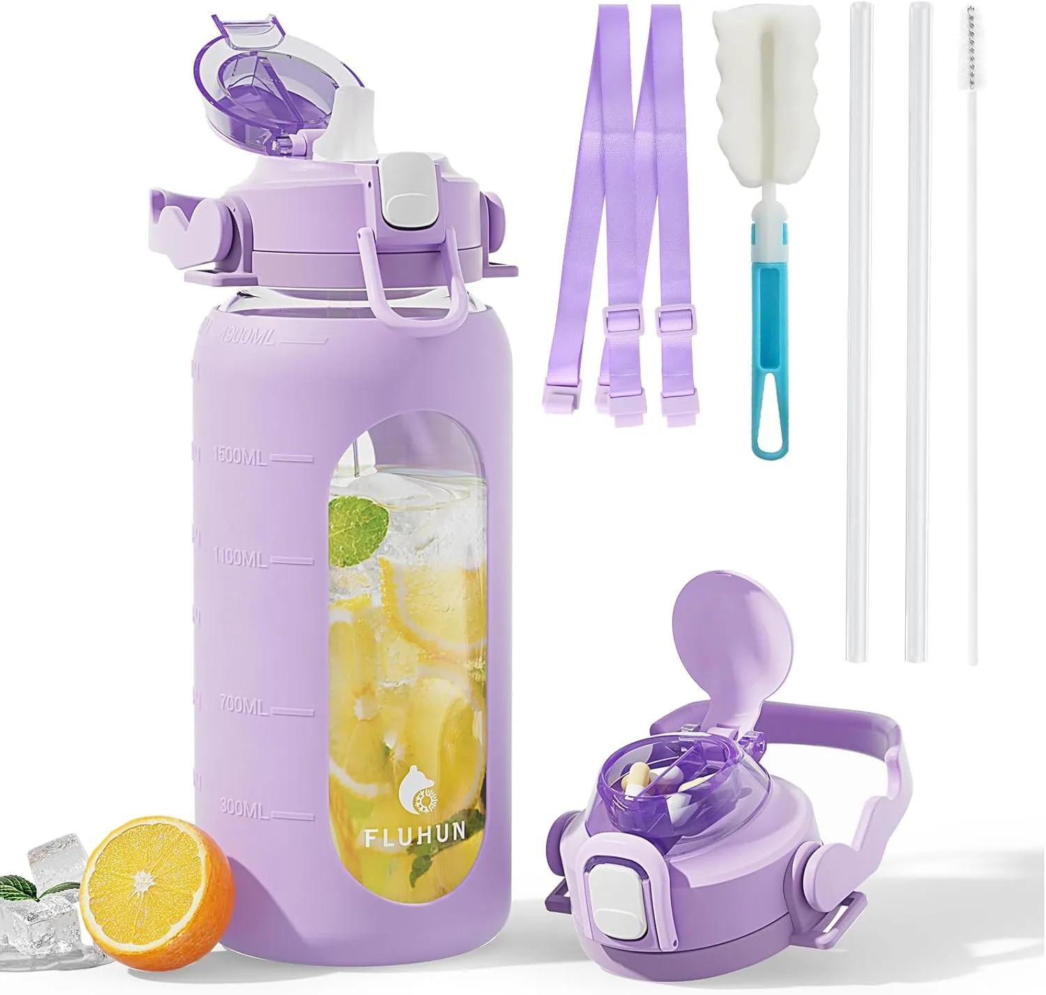 64Oz Glass Water Bottles with Straw Lid and Handle, Half Gallon Water Bottle Glass with Silicone Sleeve and Strap, Motivational Glass Bottle with Time Marker, Large Sport Water Jug (Purple)